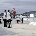 Andwuelle Wright competes in the Boys under-20 long jump, where he grabbed gold with his first effort, a 7.44-metre leap.